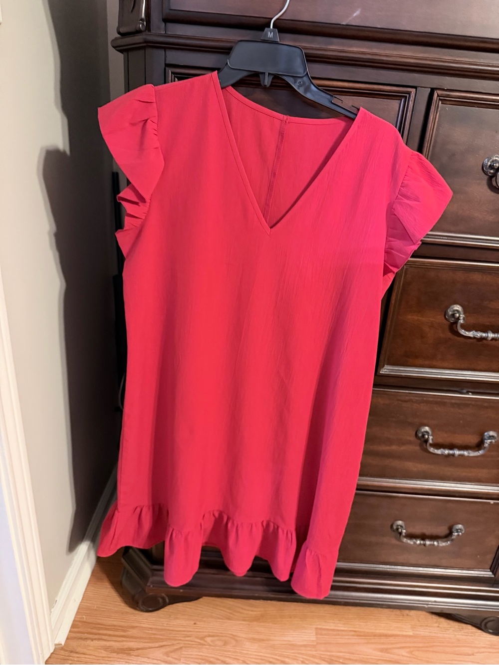 V-Neck Ruffle Shift Dress in Bright Raspberry